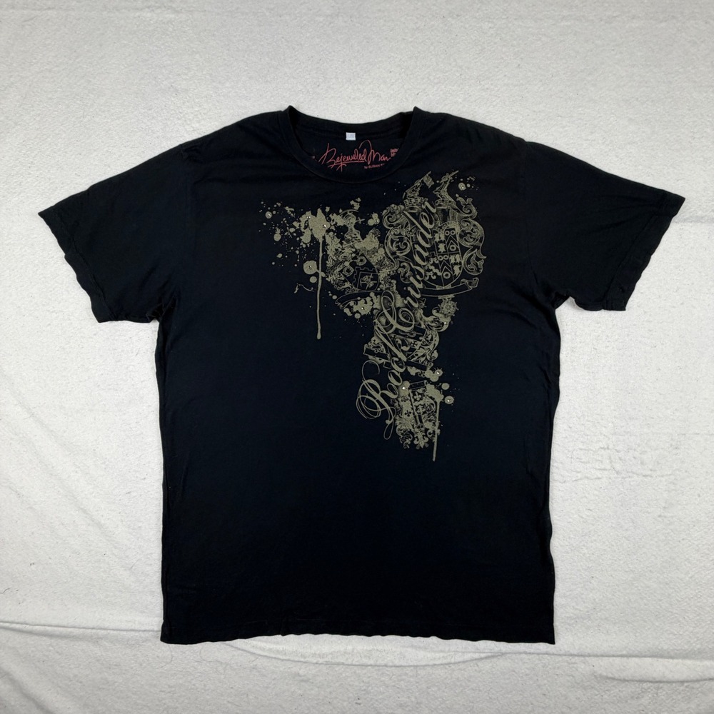 Bejeweled Man Susan Fixel Rock Crusader Graphic T-Shirt Black Rhinestone L USA
